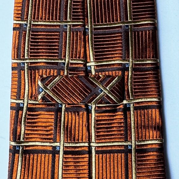 Ermenegildo Zegna Silk Tie Brown Copper Gold Geometric Grid Made in Italy - Picture 4 of 9